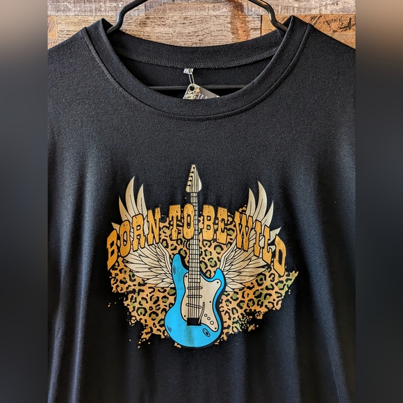 NWT Boho "Born To Be Wild" Guitar Graphic Black Tee - Picture 3 of 15